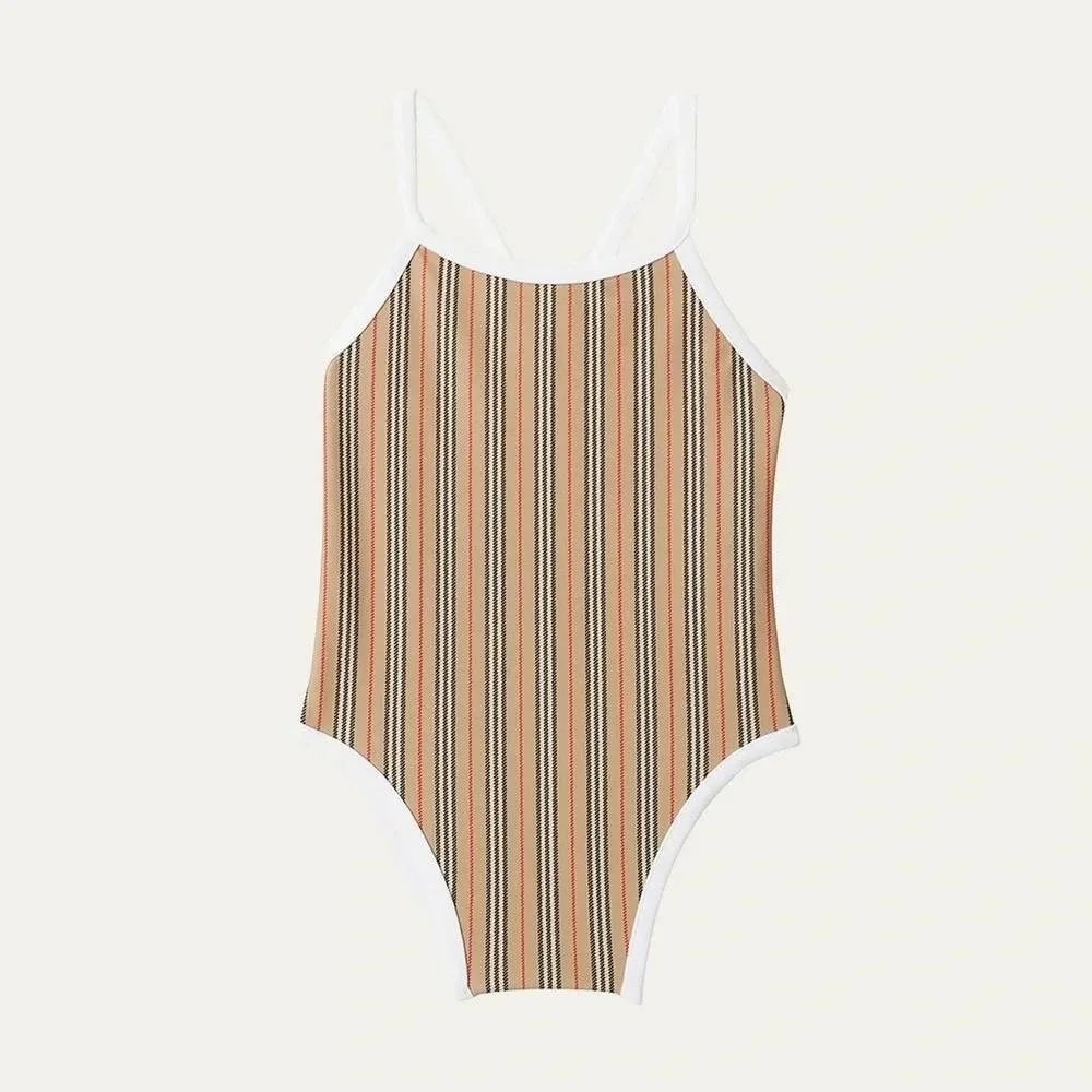Authentic Burberry Girls Sadie Icon Stripe One Piece Swimsuit Plaid Beige 14Y 14